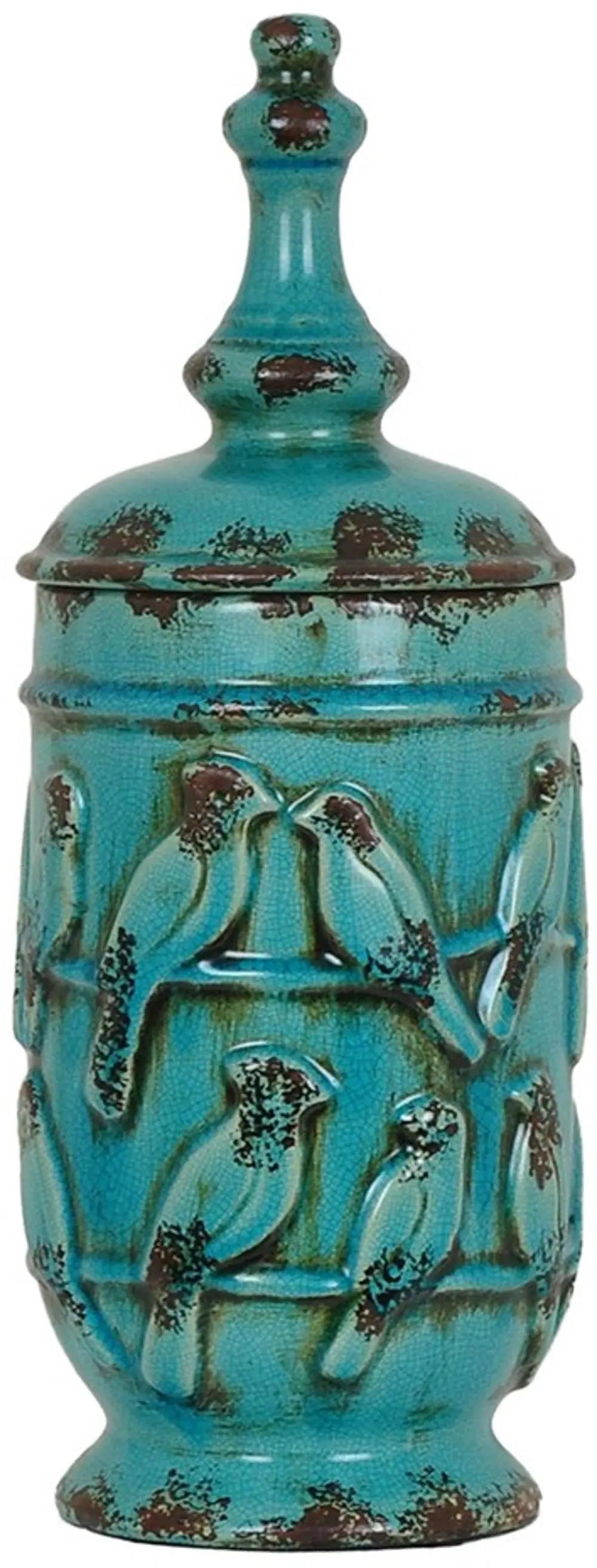 18 Inch Turquoise Perched Bird Lidded Urn-1