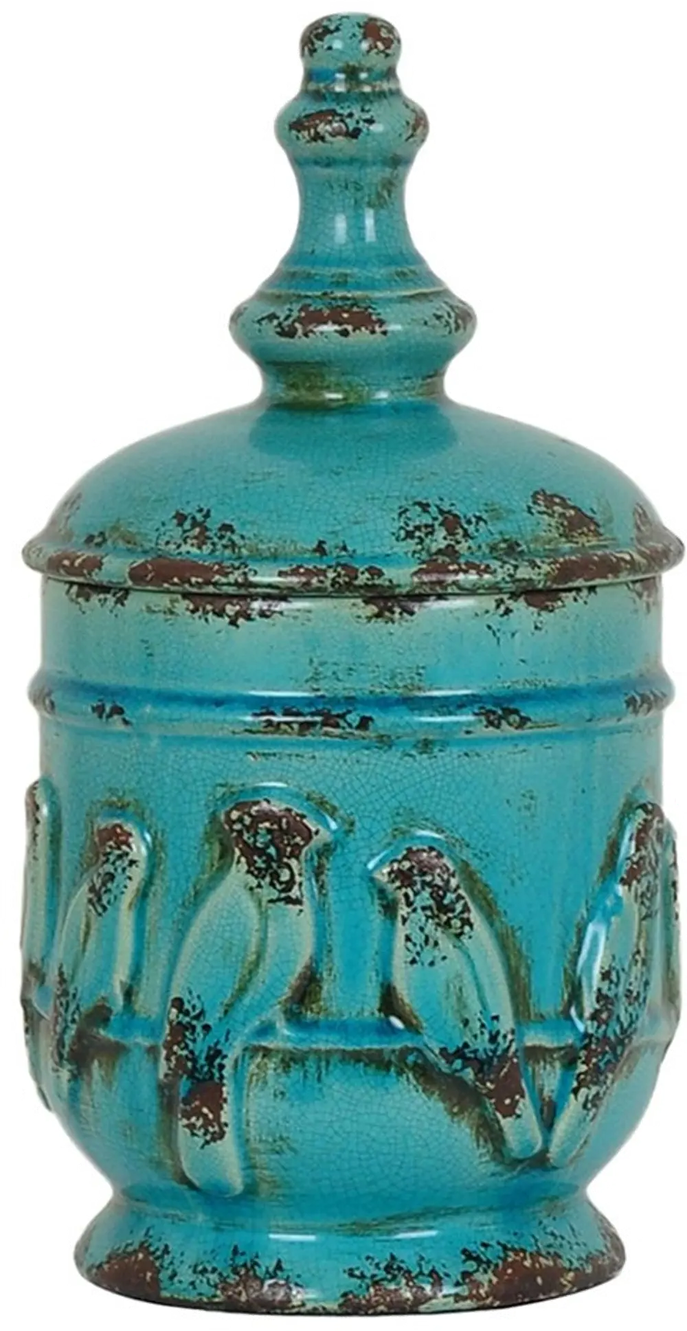 14 Inch Turquoise Perched Bird Lidded Urn-1